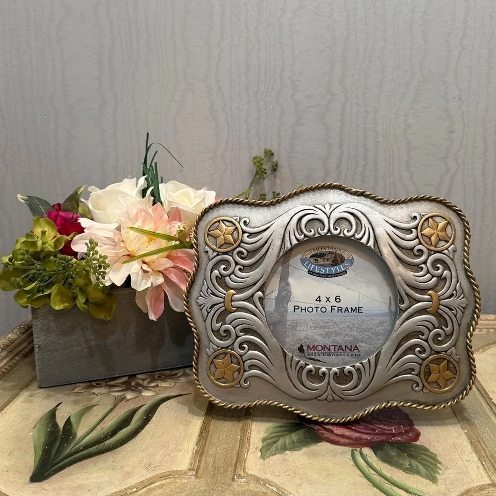 Vintage Montana Silversmiths Silver Gold Rope Trim Western 4x6 Photo Frame